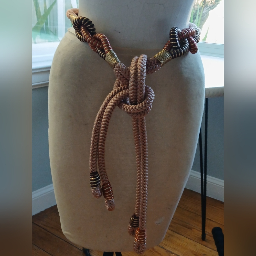 Vintage 80s Rope Multi Strand Woven Rope Belt Brown & Gold Stunning